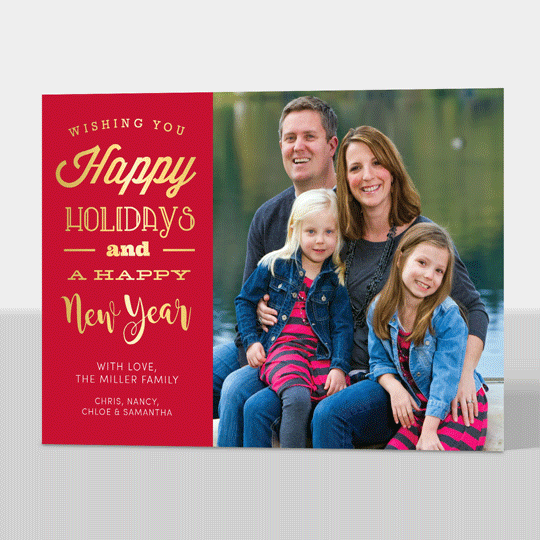 Red Happy Holidays and New Year Foil Photo Cards